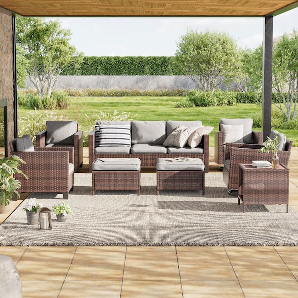 JOYESERY 8-Piece Patio Outdoor Brown Wicker Conversation Seating Set Thickening Linen Grey Cushions With Swiveling Rocker