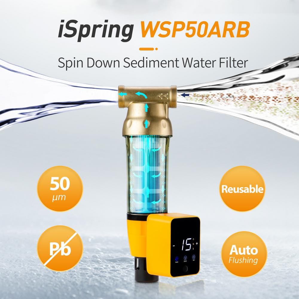 iSpring Brass and Clear Spin Down Sediment Water Filter with Auto Flushing