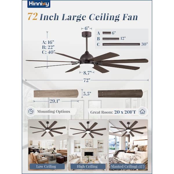 72 in. Outdoor/Indoor Brown Downrod Mount Standard Ceiling Fan with LED, Dual-Finish Blades, Remote Control，DC Montor