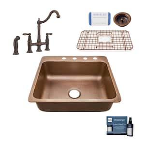 Rosa All-In-One Copper 25 in. 4-Hole Single Bowl Drop-In Kitchen Sink with Pfister Faucet and Drain