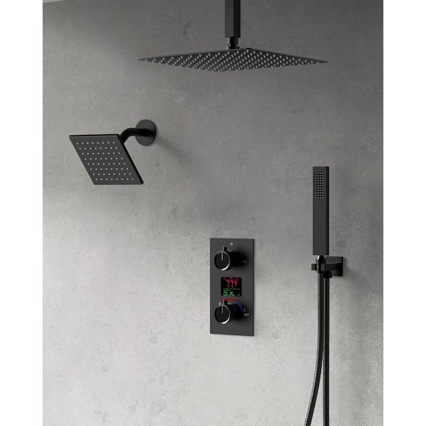 12 in. 3-Spray Smart Temperature Square Wall Bar Shower Kit with Hand Shower in Matte Black (Valve Included)