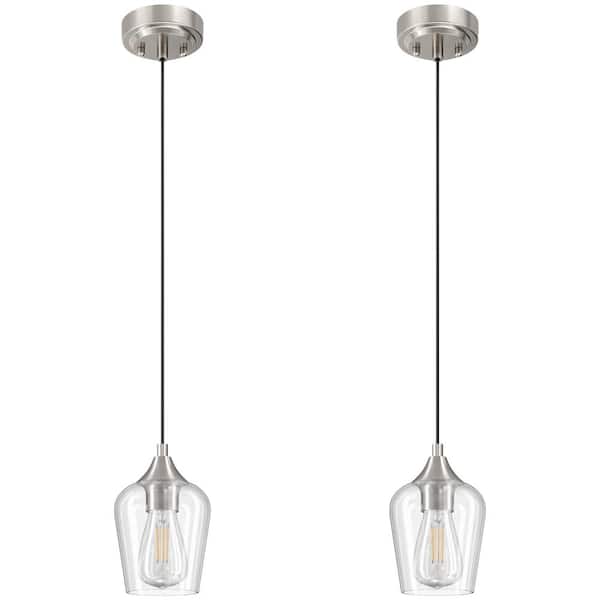60-Watt 1-Light Brushed Nickel Mini Pendant Light with clear Glass Shade and Adjustable Height (2- Packs)