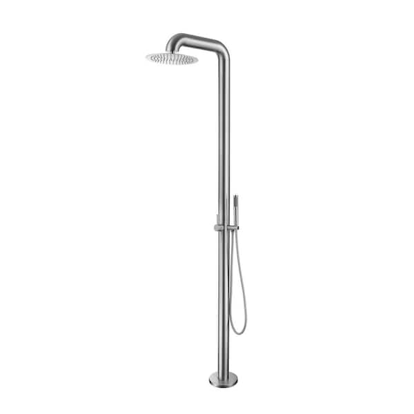 89 in. H 2-Handle 2-Spray Outdoor Freestanding Shower Faucet Kit Floor Mount Shower Kit with Hand Shower Brushed Silver