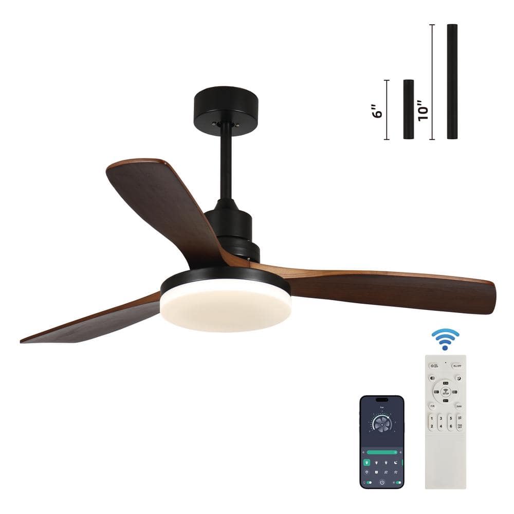 52 in. Smart Indoor Black 6-Speed 3-Colors Solid Wood Blade Ceiling Fan wit