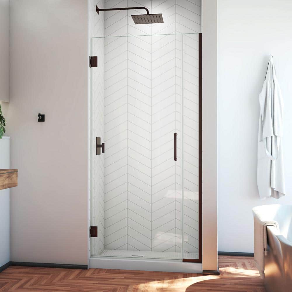 Unidoor Plus 37" Black Frameless Hinged Shower Door with Clear Glass