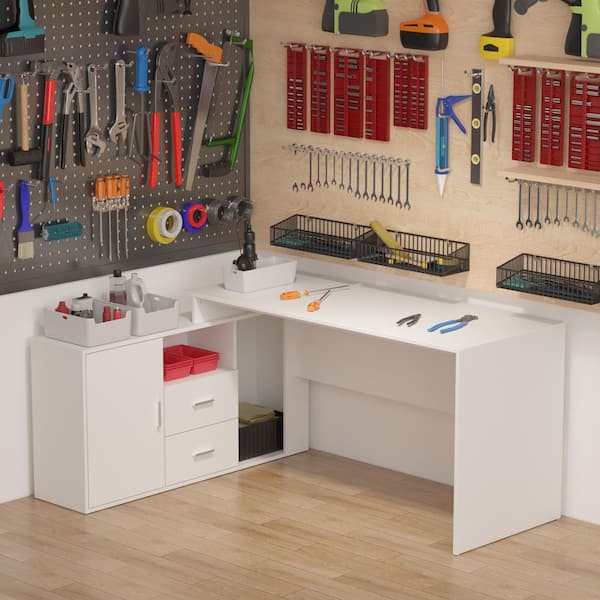 FUFU&GAGA White L-Shaped MDF Writing Desk, Computer Desk with 2 Drawers, Open Shelves and Cabinet, 55.1 in. W x 29.4 in.H