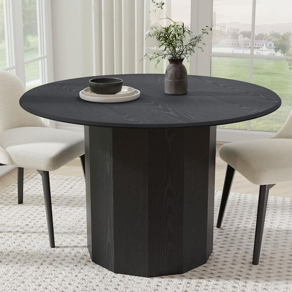 Lirago Round Black Wood 46 in. Column Base Dining Table Seats 4