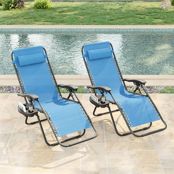 Folding Zero Gravity Metal Frame Recliner Outdoor Lounge Chair With Side Tray, Adjustable Headrest in Lake Blue (2-pack）