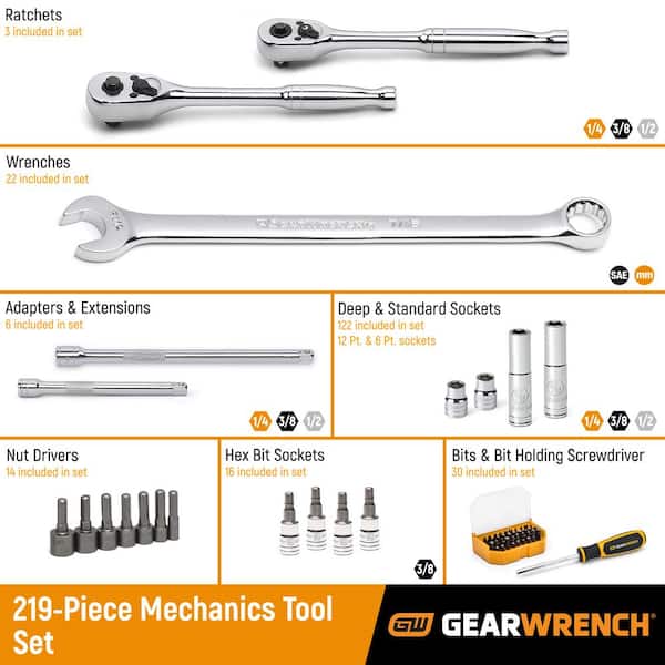 1/4 in., 3/8 in. and 1/2 in. Drive SAE/Metric Mechanics Tool Set in 3-Drawer Storage Box (219-Piece)