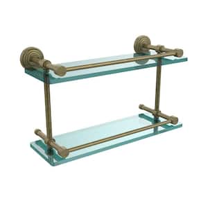 Waverly Place 16 in. L x 8 in. H x 5 in. W 2-Tier Clear Glass Bathroom Shelf with Gallery Rail in Antique Brass