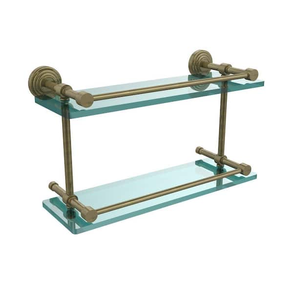 Allied Brass Waverly Place 16 in. L x 8 in. H x 5 in. W 2-Tier Clear Glass Bathroom Shelf with Gallery Rail in Antique Brass