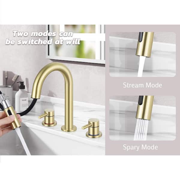 Double Handles 8 in. Widespread Bathroom Sink Faucet 3-Hole with Pull Out Sprayer in Brushed Gold