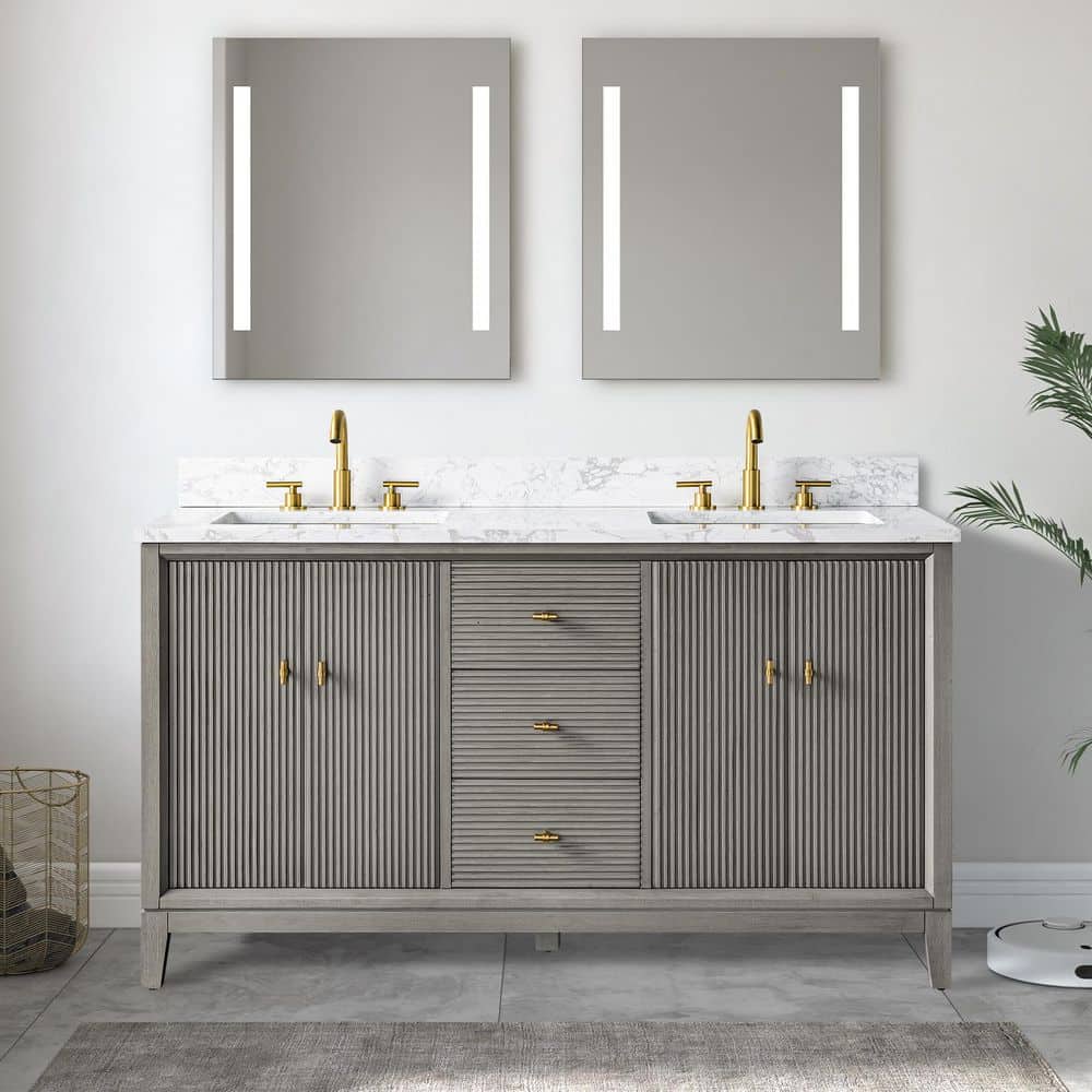 60 in. W x 34 in. H Double Sink Driftwood Gray Bath Vanity Cabinet with Arabescato White Engineered Marble Top price history on PriceWatchPro