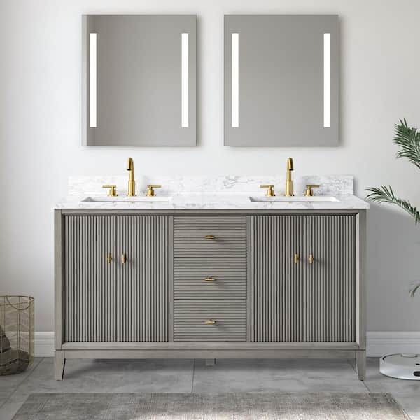 60 in. W x 34 in. H Double Sink Driftwood Gray Bath Vanity Cabinet with Arabescato White Engineered Marble Top