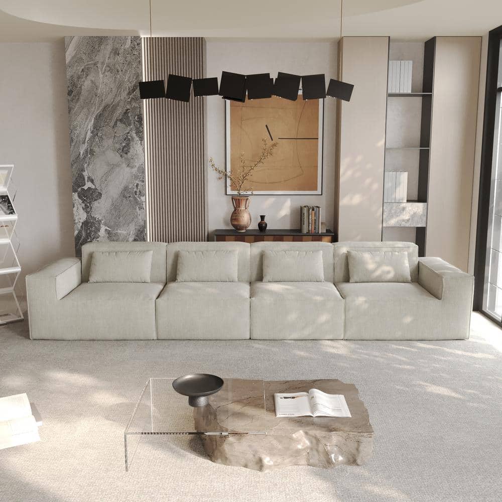 149.6 in. W Square Arm Corduroy 4-piece Modular Sectional Sofa in Beige
