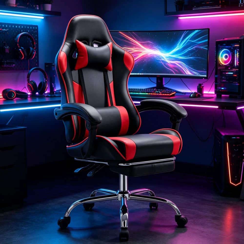 Leather Pocket Spring Reclining Ergonomic Office Gaming Chair in Black and Red with Adjustable Arms