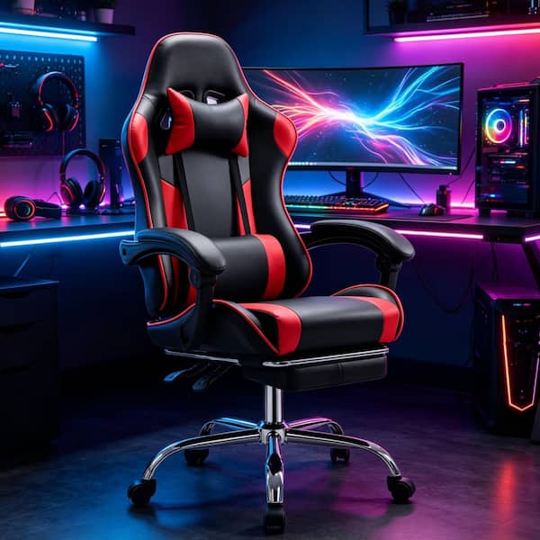 Leather Pocket Spring Reclining Ergonomic Office Gaming Chair in Black and Red with Adjustable Arms