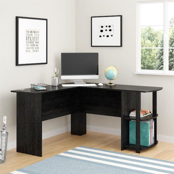 Ameriwood Corner Desk with 2-Shelves in Black Ebony Ash