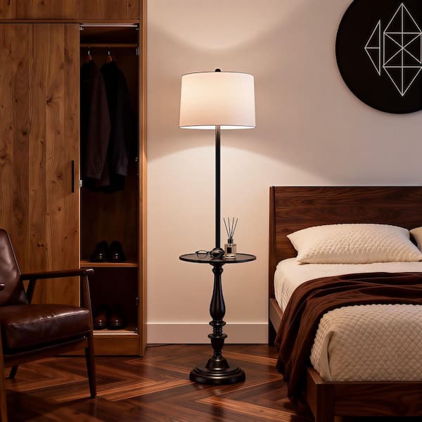 61.25 in. Black 1-Light Standard Floor Lamp for Living Room with Fabric Drum Shade and Glass Table