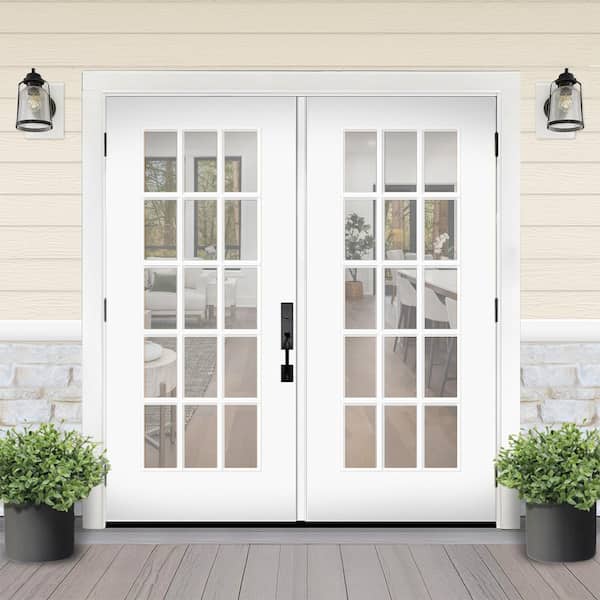 Reliant 64 in. x 80 in. FullLite 15L-SDL ClearGlass RHOS Unfinished White Fiberglass Double Prehung Front Door w/4" Jamb