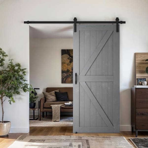 30 in. x 84 in. Grey Wood K-Shaped Natural Solid Finished Interior Sliding Barn Door with Hardware Kit