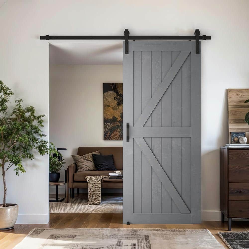 Gray Solid Wood Textured Sliding Barn Door Kit with Metal Hardware