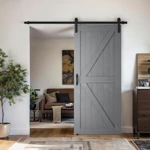 54 in. x 84 in. Grey Wood K-Shaped Natural Solid Finished Interior Sliding Barn Door with Hardware Kit