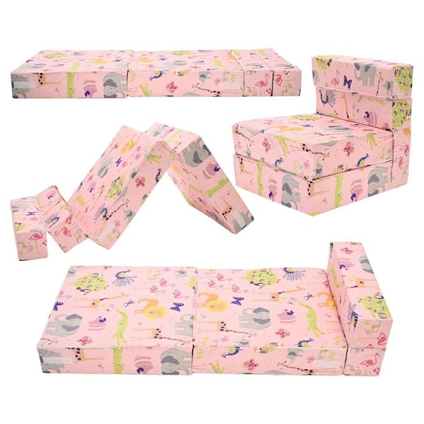 BOZTIY Folding Sofa Bed Floor Mattress for Kids, 3 in. 1 Folding Foam Mattress Kid Fold Up Sofa Futon Chair Bed Pink Cushion