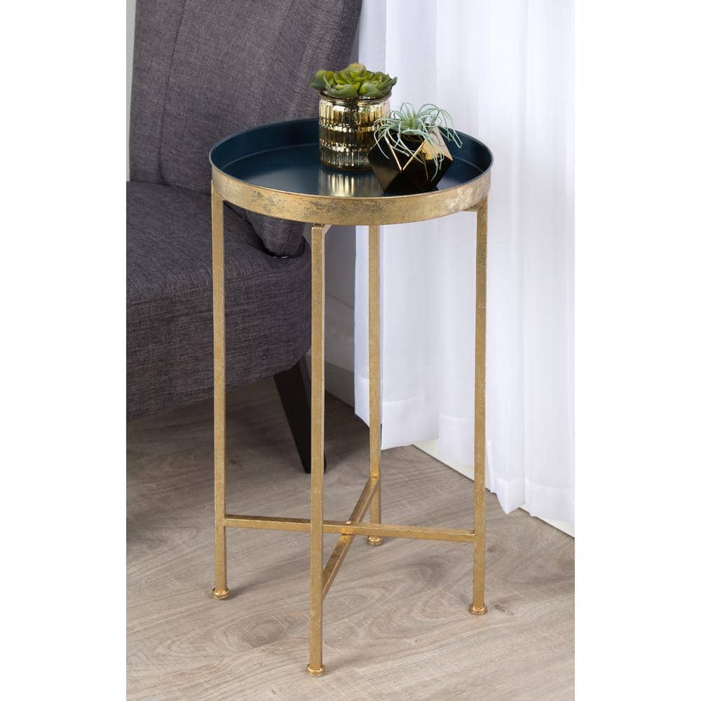 Celia Navy Blue Round Metal Foldable Tray Accent Table