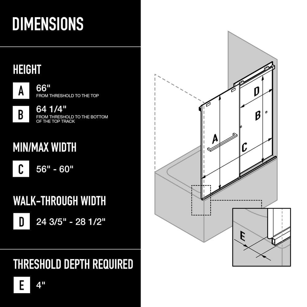 Houston 66" Frameless Matte Black Sliding Tub Door with Clear Glass