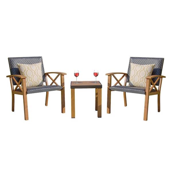 Tenleaf 3-Piece Yellow Brown Wicker Patio Conversation Set with Beige Sunbrella Pillows (1Table plus 2-Chairs)