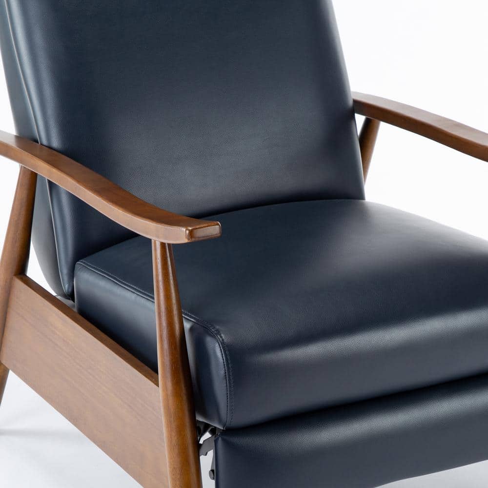 Midnight Blue Faux Leather Wood-Armed Recliner Chair