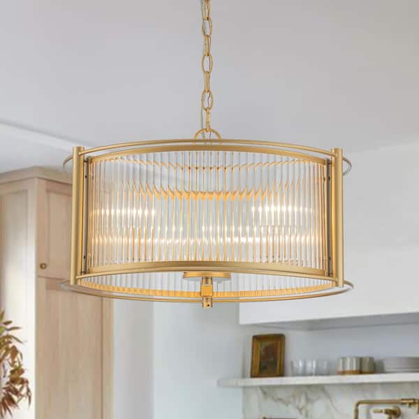 3 Light Gold Modern Farmhouse Drum Chandelier Hanging Pendant Light Fixtures for Kitchen Island with Clear Glass Shade