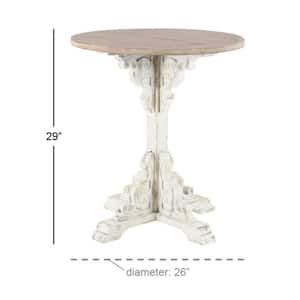 26 in. White Intricately Carved Scroll Large Round Wood End Accent Table with Brown Wood Top