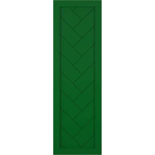 Ekena Millwork 12 in. x 27 in. PVC Single Panel Herringbone Modern Style Fixed Mount Board and Batten Shutters Pair in Viridian Green