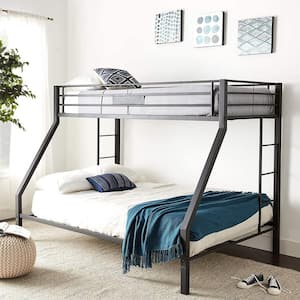 Modern Black XL Twin Over Queen Bunk Bed, Sturdy Metal Bunk Bed Frame with 2 Ladders, Safety Rails and Metal Slats