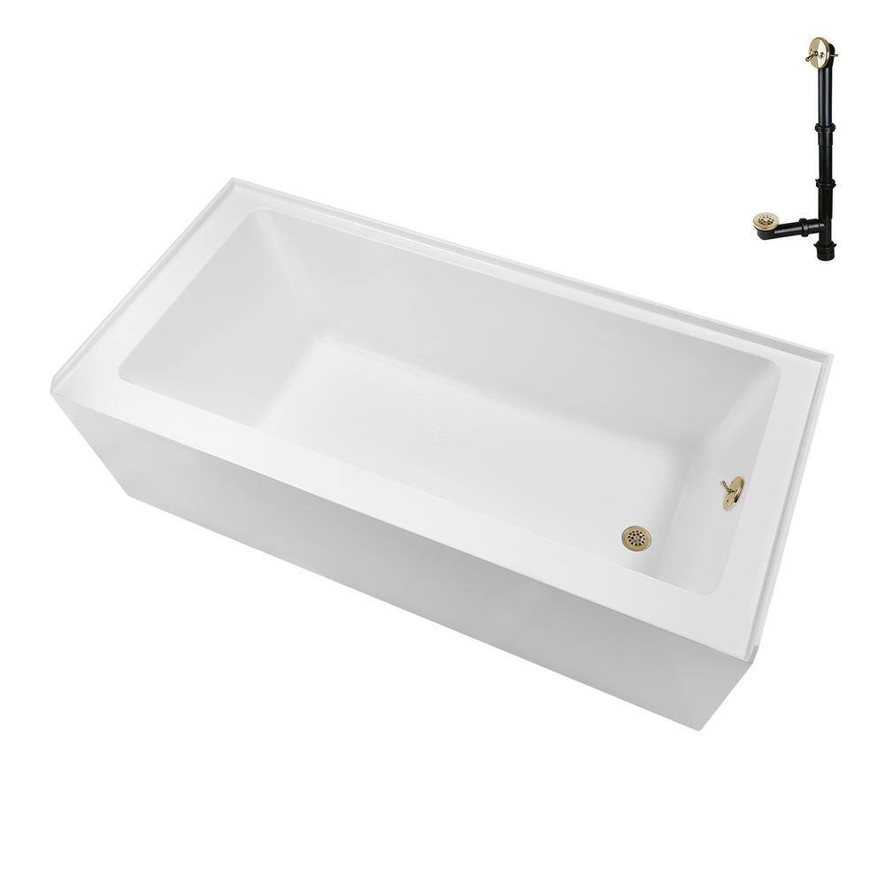 60-Inch Glossy White Acrylic Alcove Bathtub with Polished Brass Drain