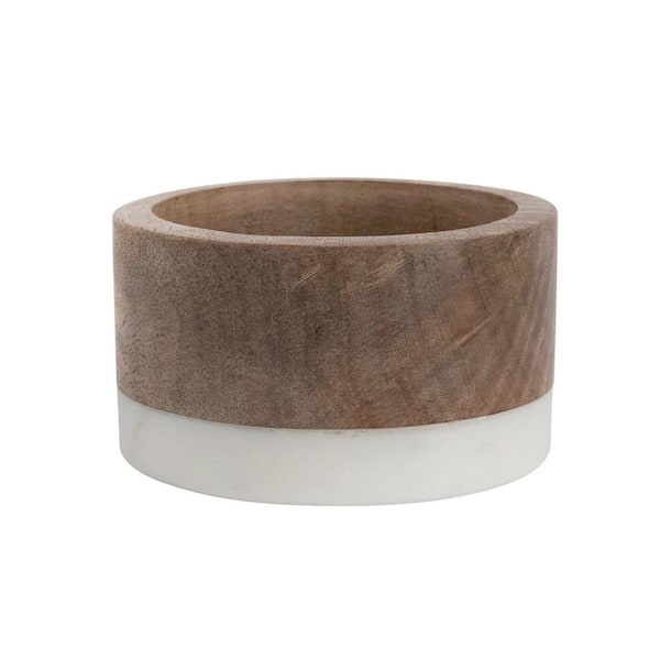 Storied Home Natural Brown, White Mango Wood and Marble Bottle Holder