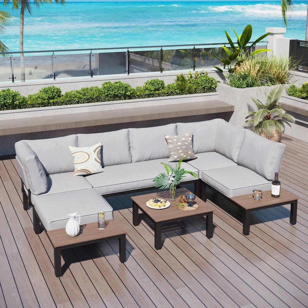 6 -Seat 6-Piece Metal Outdoor Patio Conversation Sectional -Seating Set with Light Gray Cushions and Coffee Table price history on PriceWatchPro