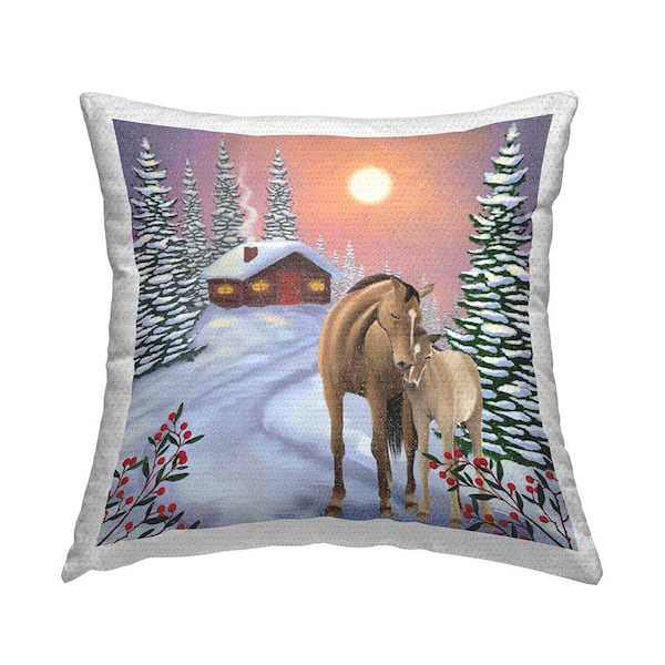 Stupell Industries Winter Cabin Horses Hugging Nature Multi-Color Square Outdoor Throw Pillow