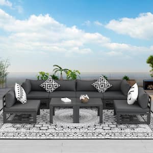 8 Piece Large Outdoor Charcoal Aluminum Patio Conversation Deep Seating Sectional Set with Gray Cushions and Tables