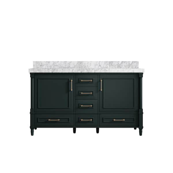 Willow Collections Hudson 60 in. W x 22 in. D x 36 in. H Double Sink Bath Vanity in Dark Green with 2 in. Carrara Marble Top