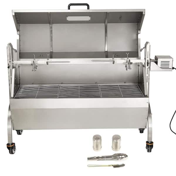 46 in. Stainless Steel Rotisserie Grill with Hooded Cover Electric 50W Motor 132 lb. Capacity Roaster