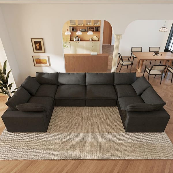 U Shape 157 in. Square Arm Linen 6-Piece Down Filled Convertible Cloud Modular Sectional Sofa in Black for Living Room