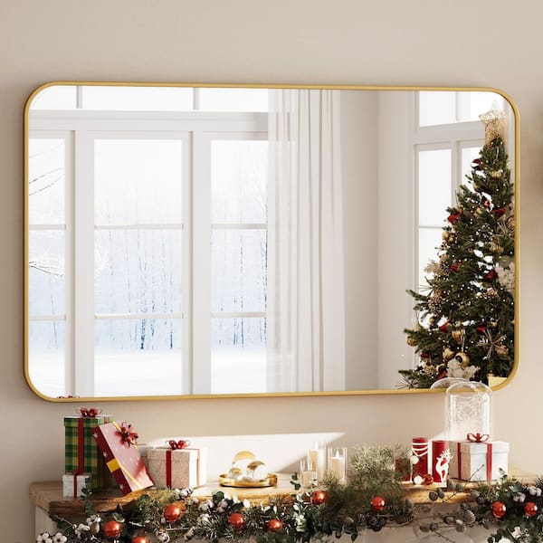 XRAMFY 30 in. W x 48 in. H Rectangular Modern Aluminum Alloy Framed Rounded Gold Wall Mirror