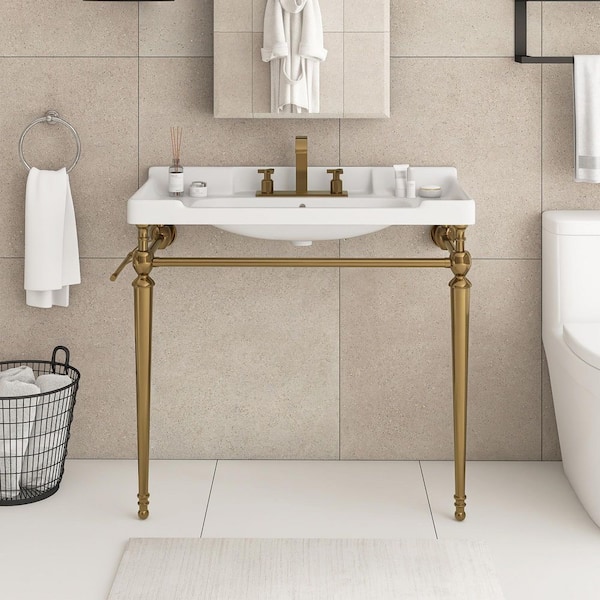 36 in. W x 19 in. D x 35 in. H Single Sink Freestanding Bath Vanity in Gold with White Ceramic Top