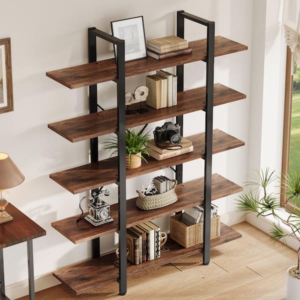 BYBLIGHT Eulas 72 in. Tall Deep Brown & Black Wood 5-Shelf