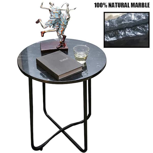 SUNRINX 20 in. Black Round Outdoor Side Table, Marble for Garden, Porch and Backyard