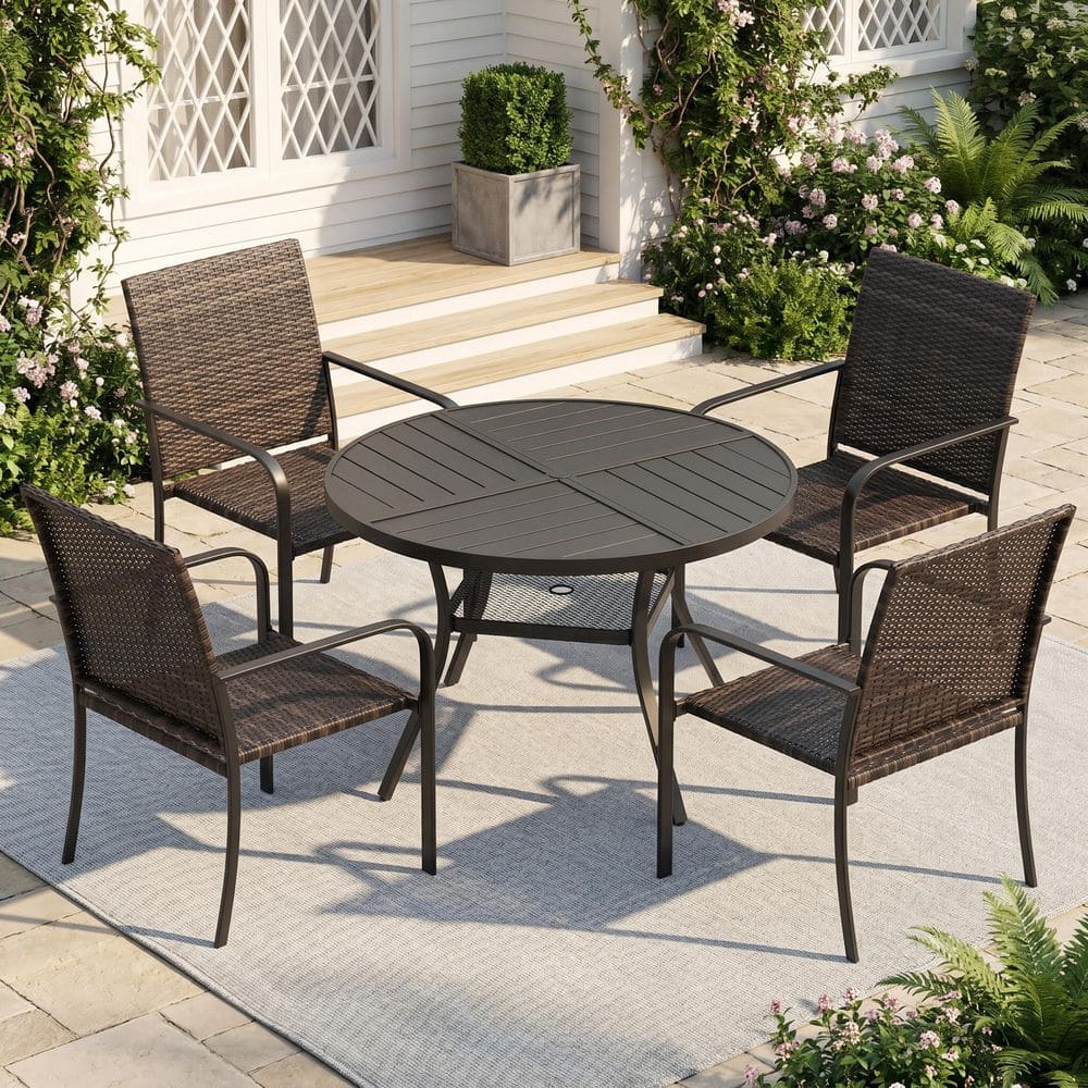 5-Piece Metal Outdoor Dining Set with 40.6 in. Black Round Patio Table and 4 Rattan Stackable Dining Chairs in Brown price history on PriceWatchPro