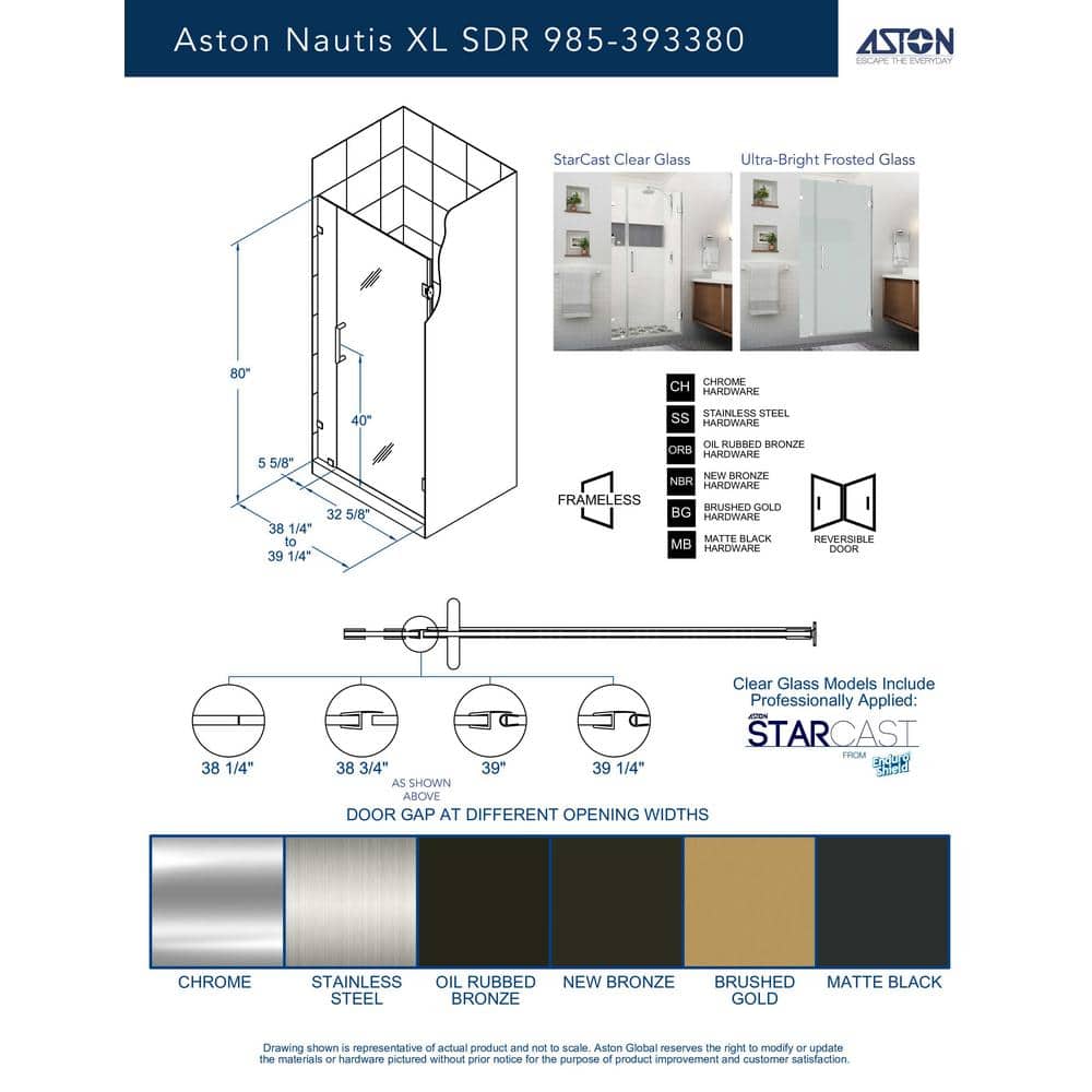Nautis XL 80" High x 39" Wide Frameless Shower Door with Clear Glass and Chrome Finish
